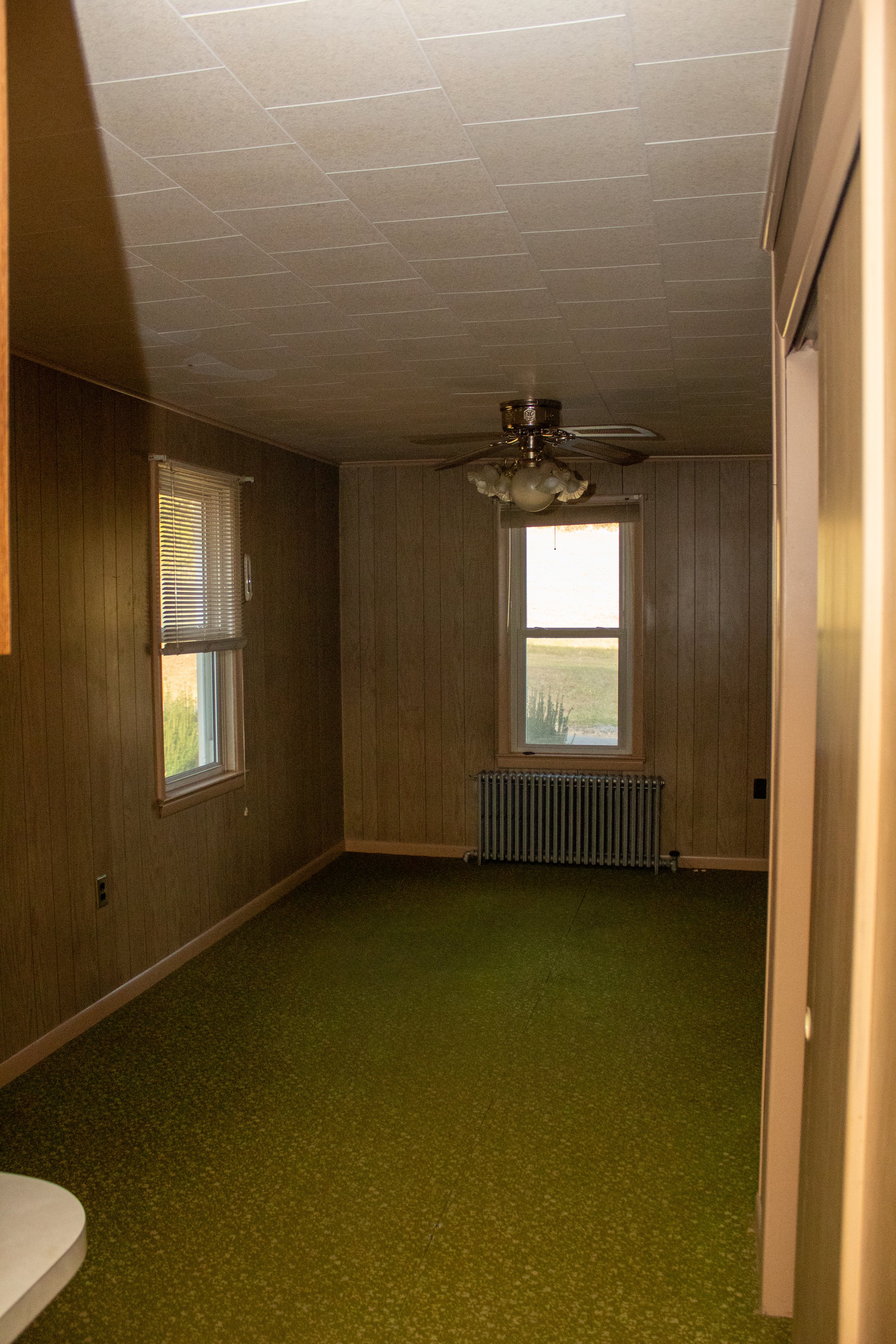 Empty room with green carpet, wood panel walls, a window with blinds, ceiling fan, and wall radiator.