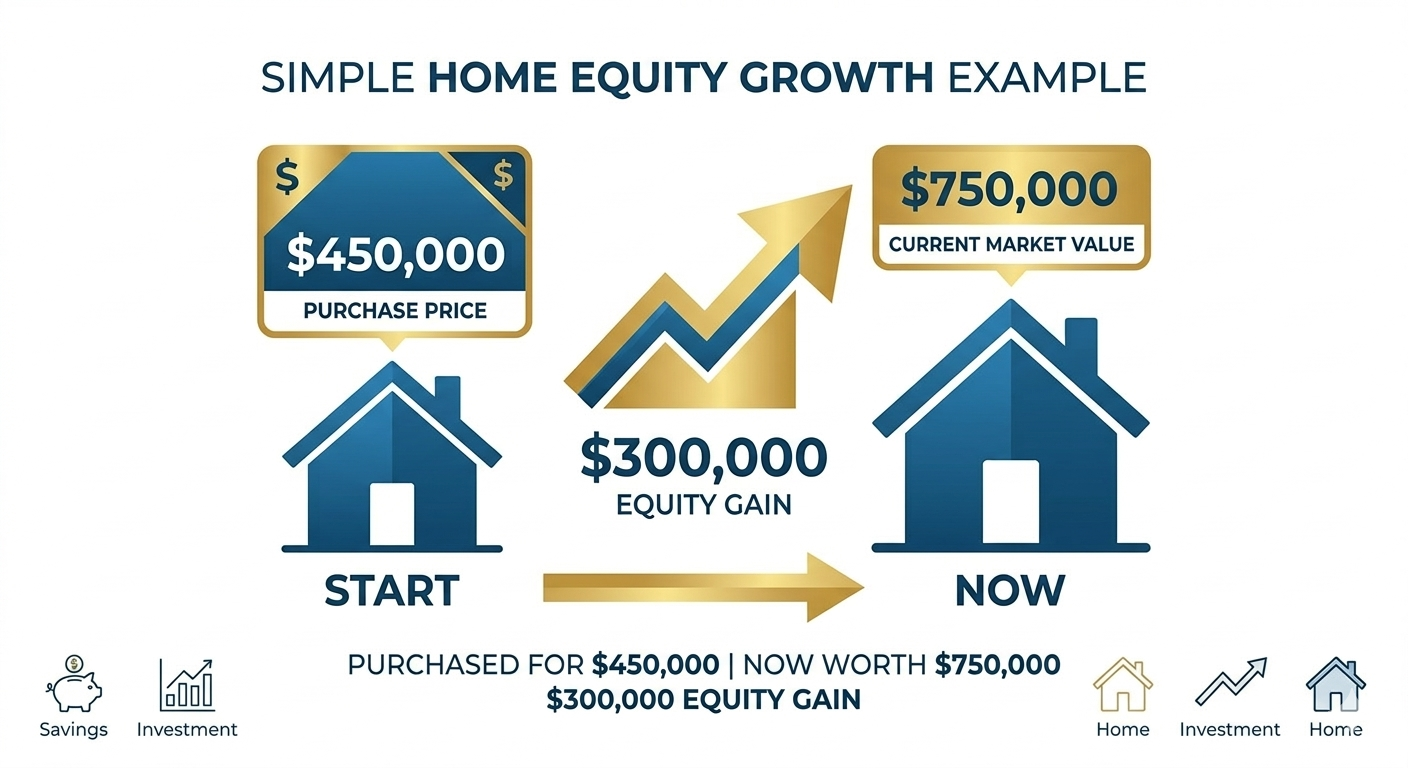 Example of home equity growth from $450000 to $750000 home value