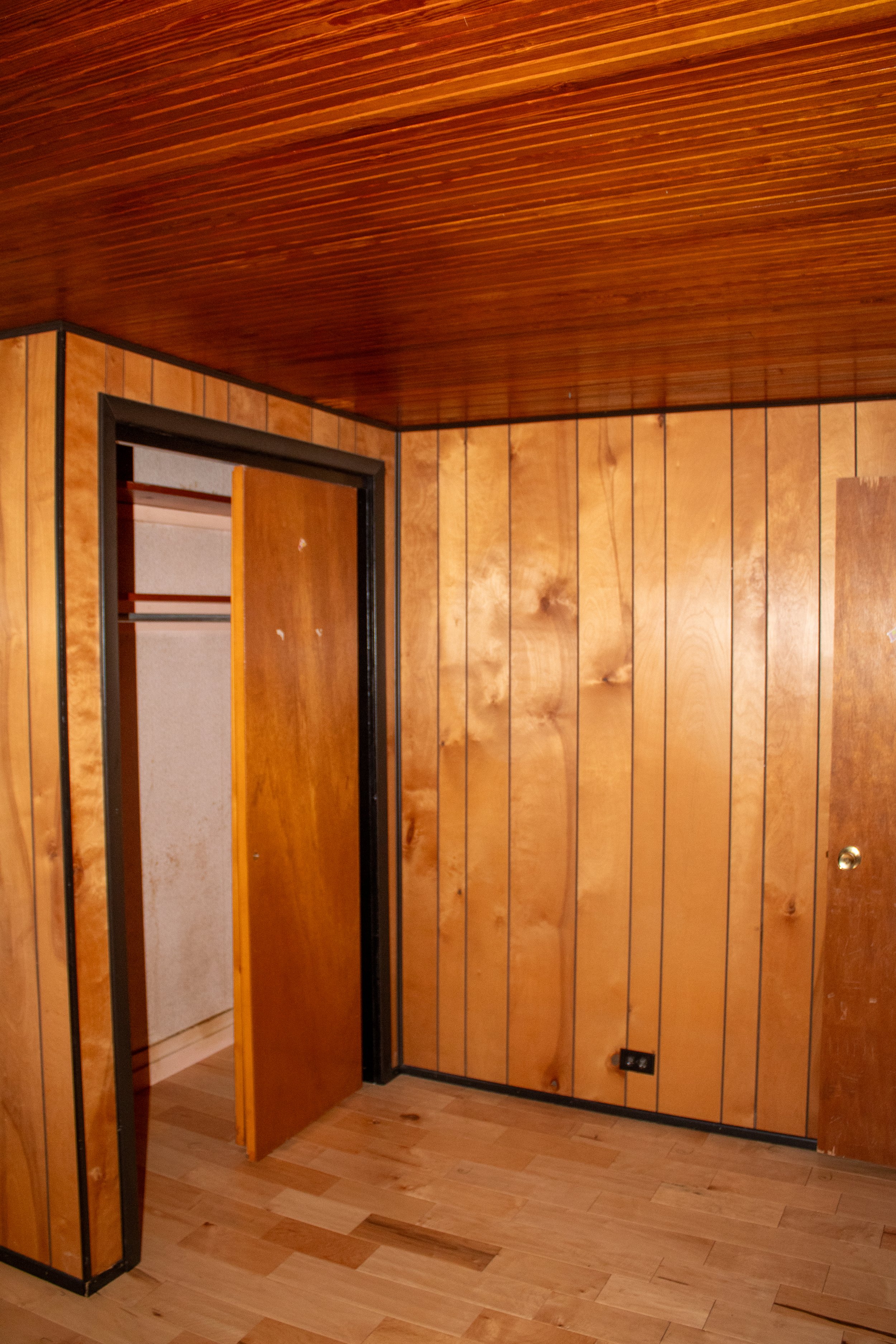 Room with wood paneling and open closet