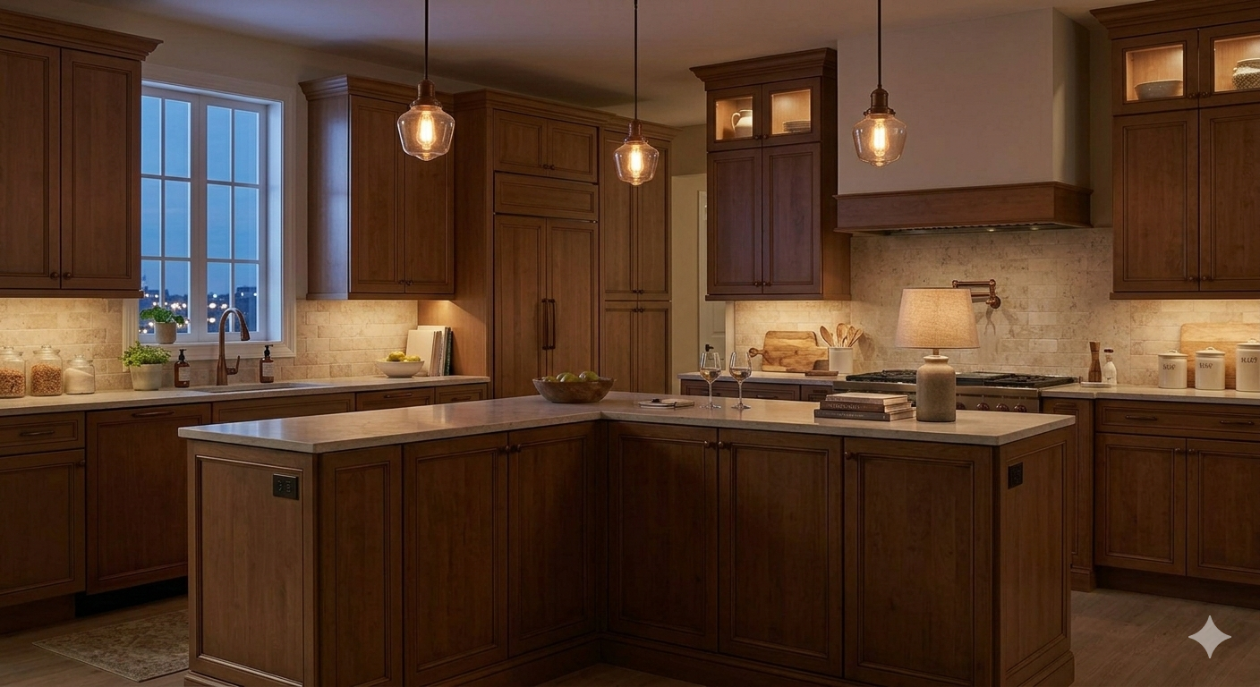 Atmospheric evening kitchen scene with warm, layered lighting from glass pendant lamps and under-cabinet LEDs reflecting off natural wood surfaces.
