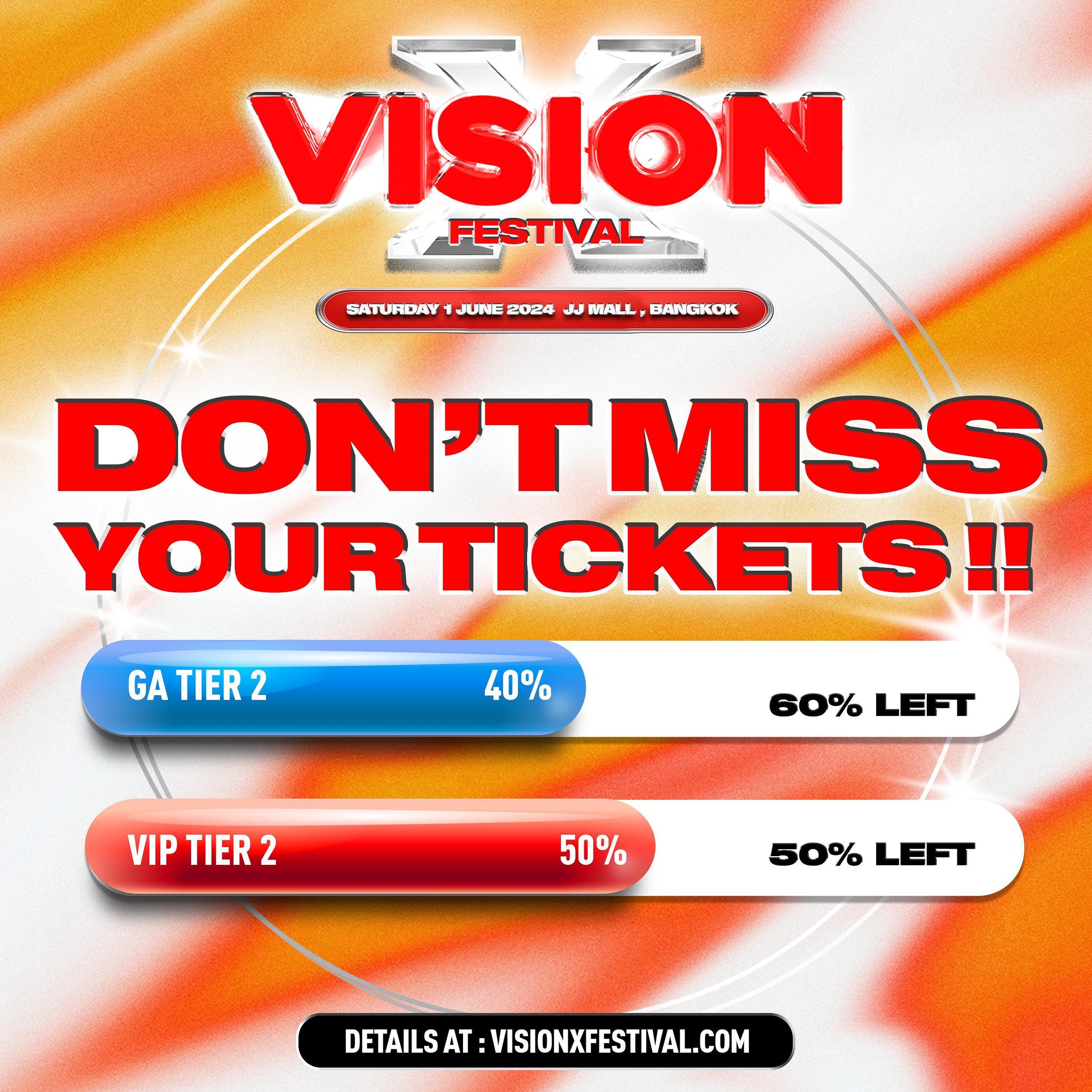 DON&rsquo;T MISS OUT YOUR TICKETS 🔥‼️
อย่าพลาดกดบัตรรอบนี้น้า 🫣❌

Get tickets now 👉🏼 visionxfestival.com
DATE - 1 JUNE 2024 📆
VENUE - JJ HALL, JJ MALL, BANGKOK 📍

#visionx #visionxfestival
