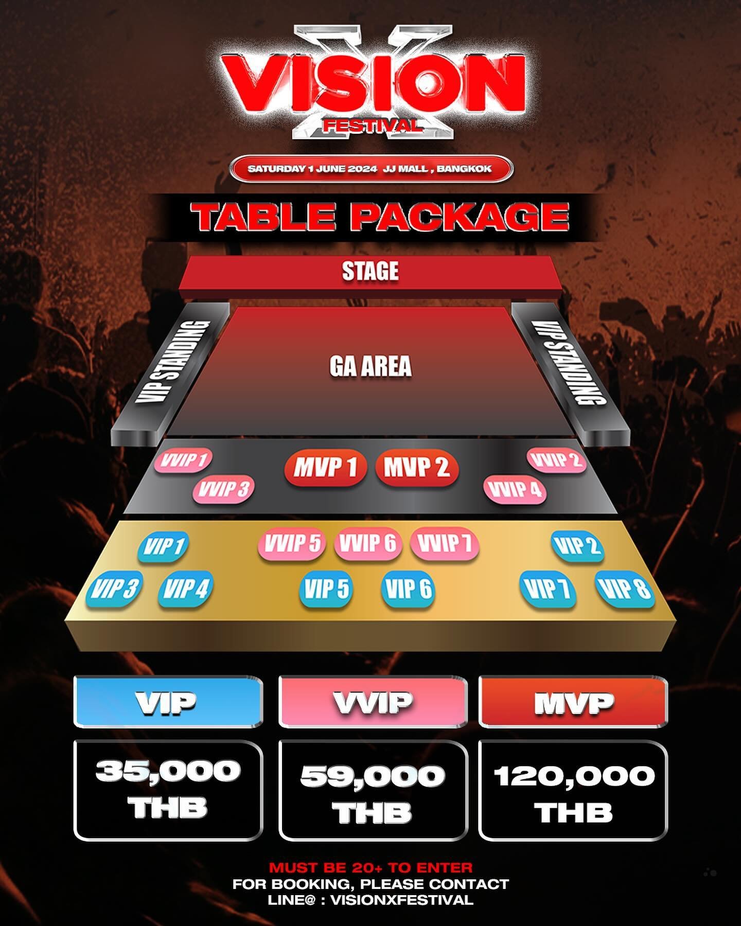 VISION X TABLE PACKAGES ON SALE NOW 🥳‼️

LET&rsquo;S PUSH THE EXPERIENCE TO THE MAX 🤩🥂 FOR TABLE BOOKING PLEASE CONTACT OUR LINE OFFICIAL ACCOUNT : @VISIONXFESTIVAL 🍾

มาเปิดประสบการณ์ให้สุดขีดกับโต้ะ VIP ของเรา 🤩🥂 สนใจจองโต้ะสามารถติดต่อสอบถาม