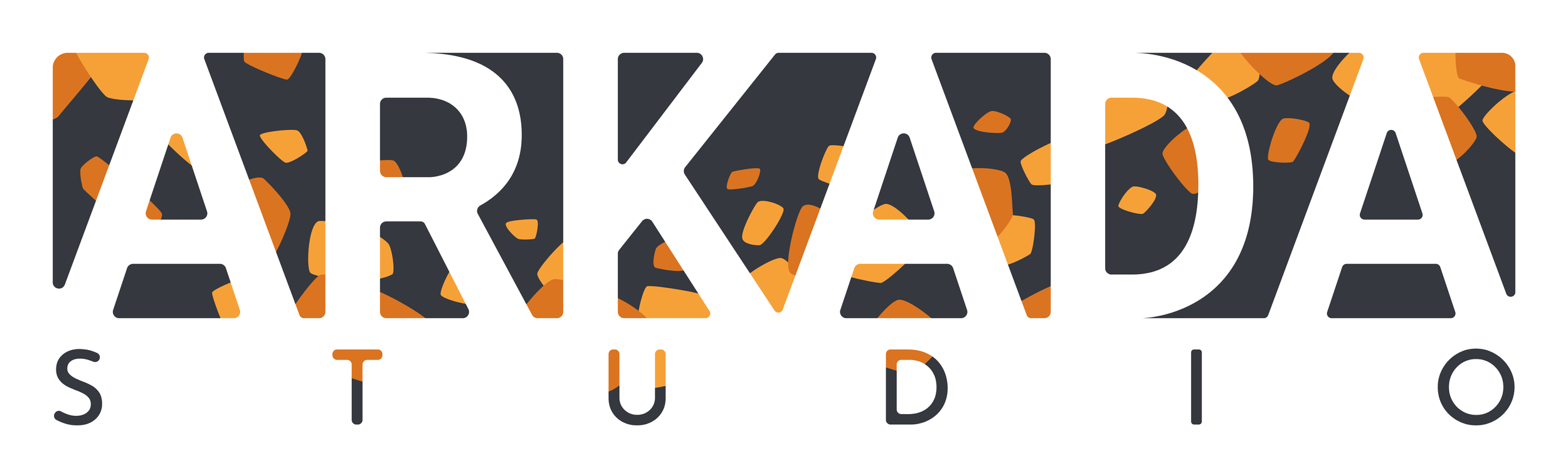 Logo avec le texte 'ARKADA STUDIO' en lettres noires et blanches avec un motif de taches orange, sur fond blanc.