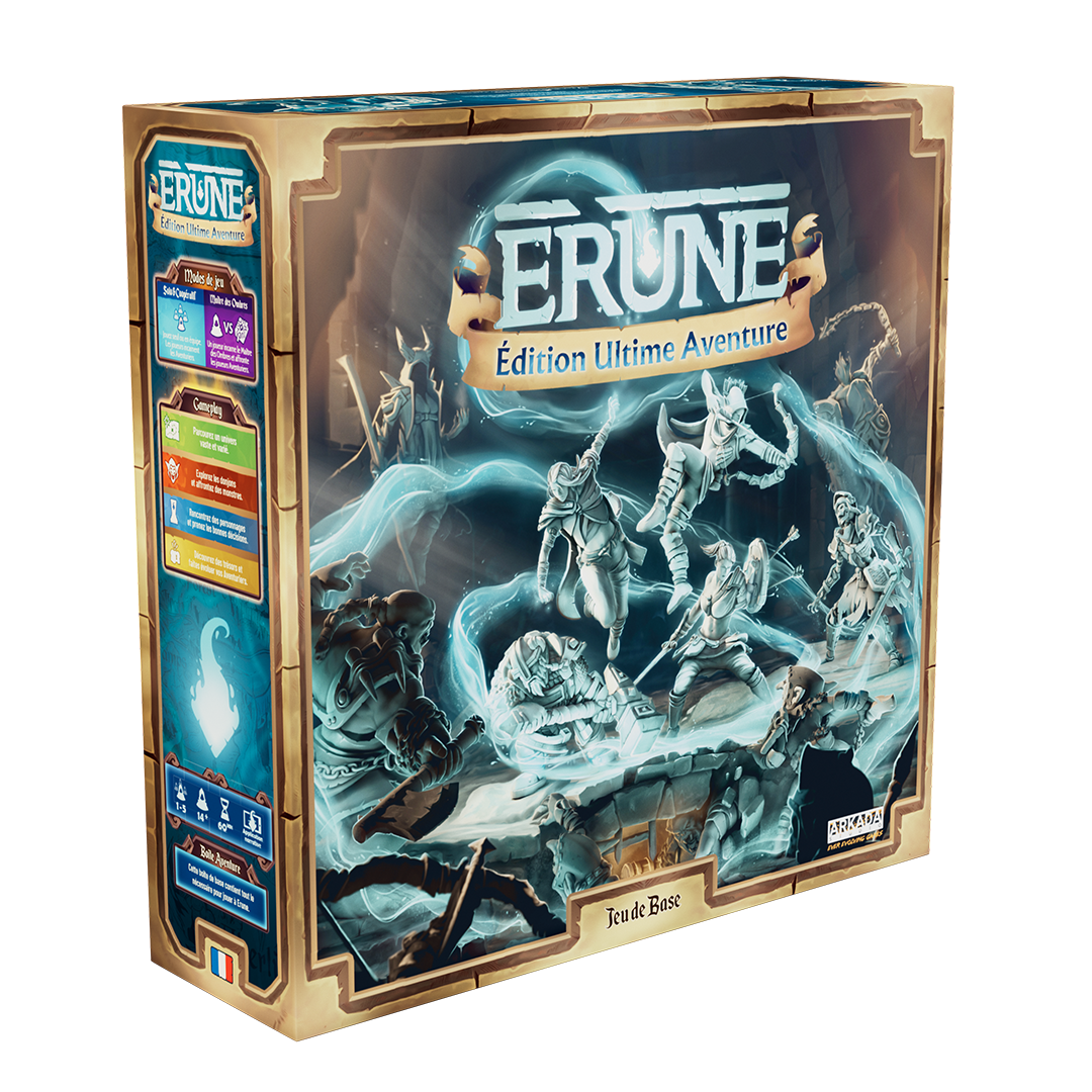 Une boîte de jeu de société nommé Erune, édition Ultime Aventure, avec une illustration de personnages de fantasy dans un combat dans une grotte.