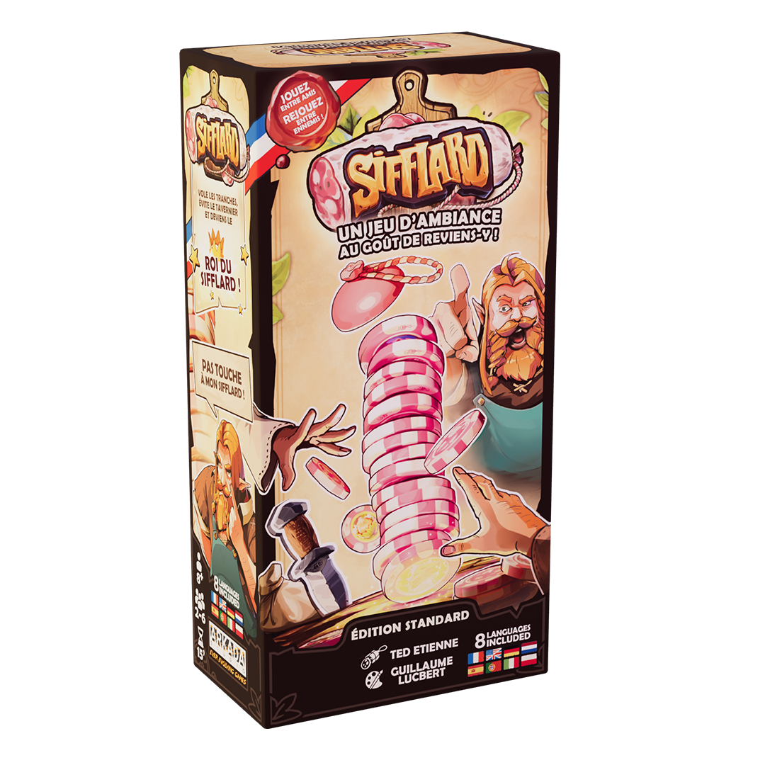 Boîte de jeu appelée Sifflard avec illustration de personnages médiévaux, une main propose des jetons , emballage en anglais et français, jeu pour 2 joueurs, 8 langues incluses.