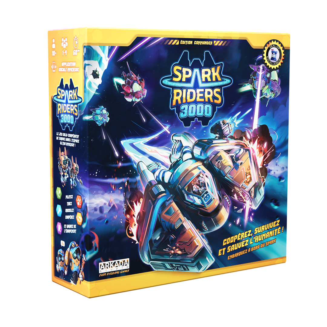 Une boîte de jeu de société intitulée "Spark Riders 3000" avec une illustration de véhicules futuristes et d'éléments spatiaux, en couleurs vives avec des détails de science-fiction.