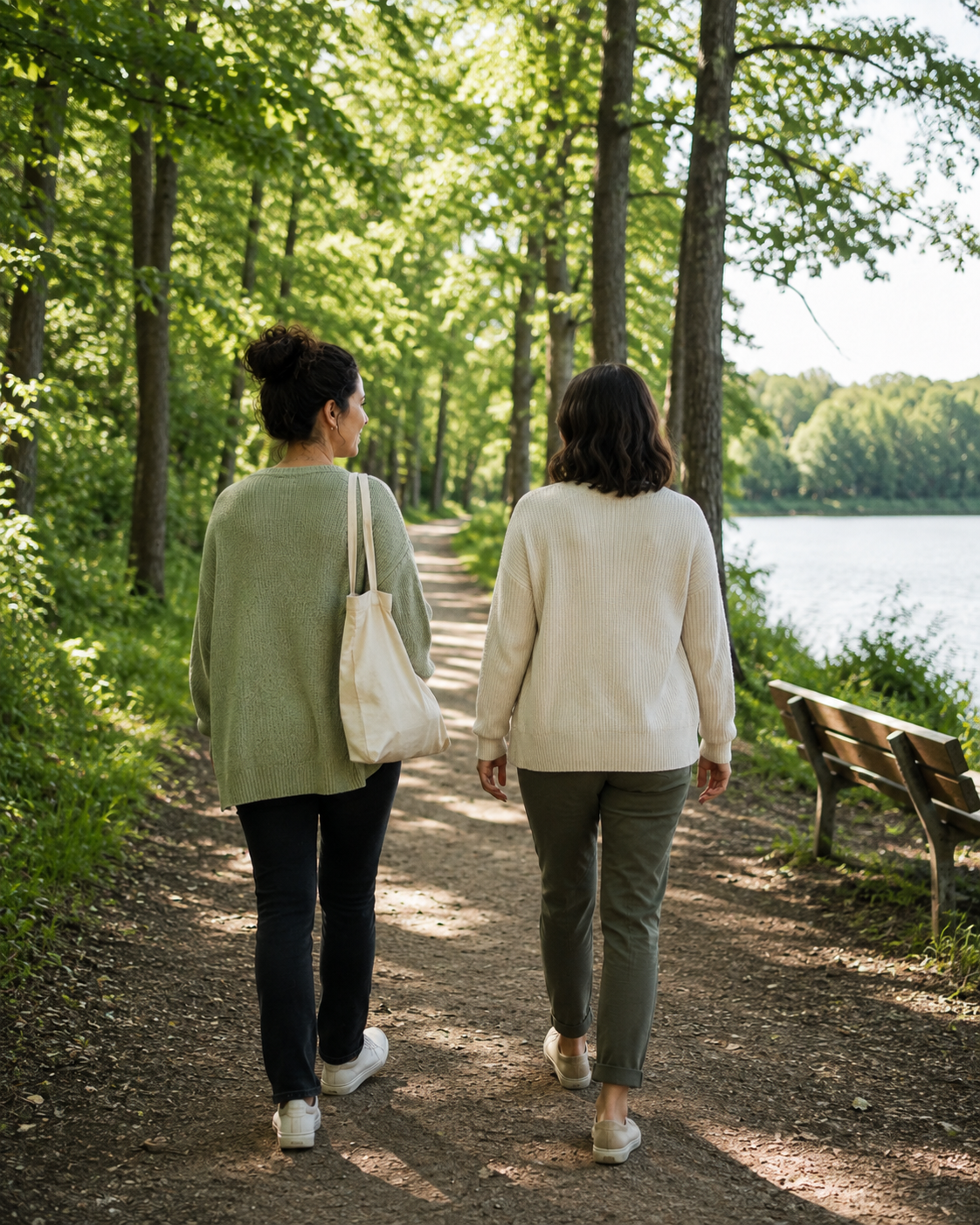Therapist and client walking side by side on a Minnesota trail