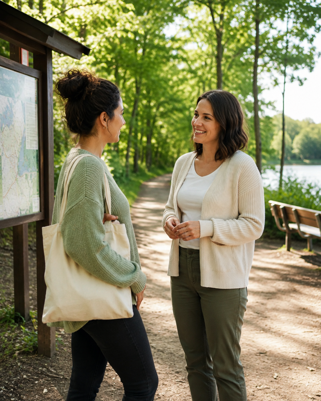 Therapist and client meeting at a wooded Minnesota trailhead