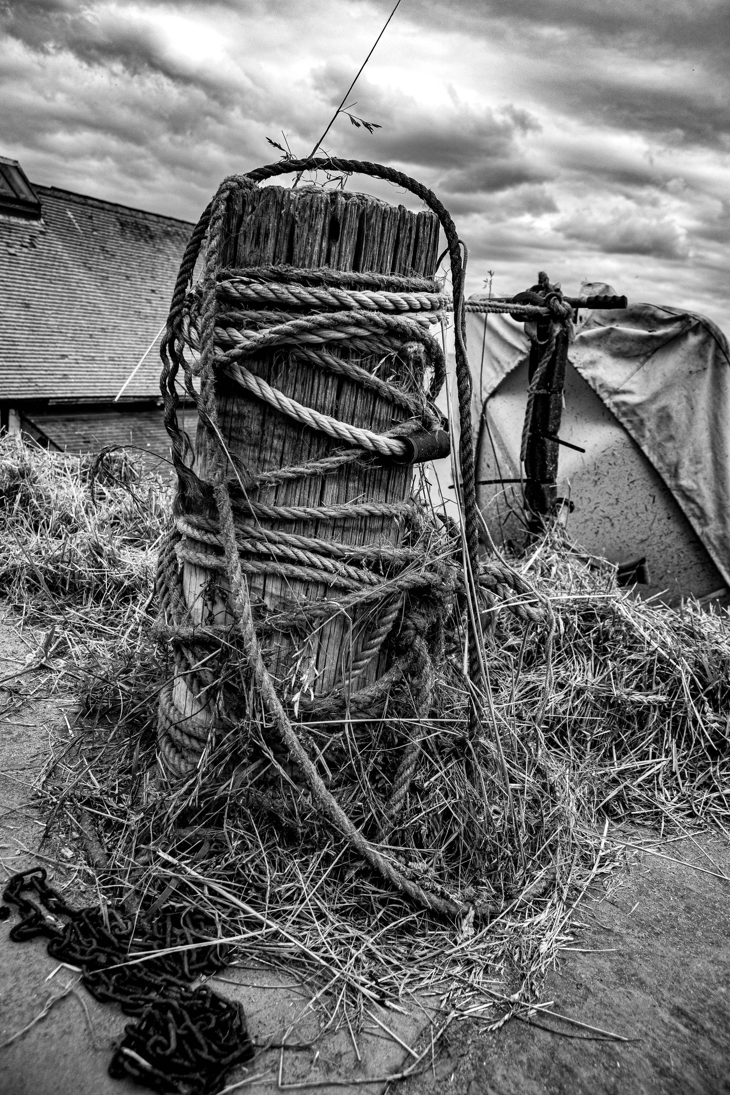 A black and white photograph of a weathered wooden post wrapped with thick, tangled ropes, set outdoors on dry grass with a cloudy sky in the background.