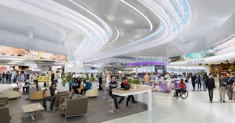 Rendered interior of a modern airport terminal with a curved ceiling and passenger lounge seating