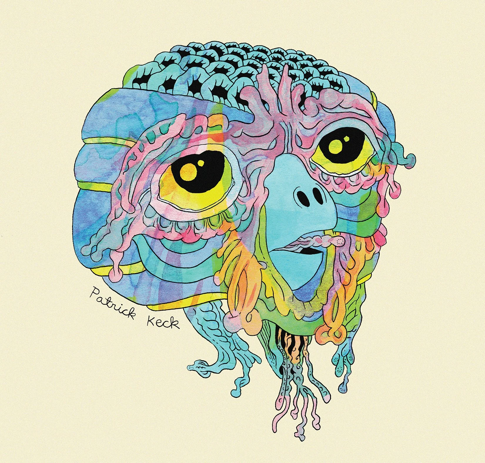 Sticker design, pen and ink, watercolor, digital color