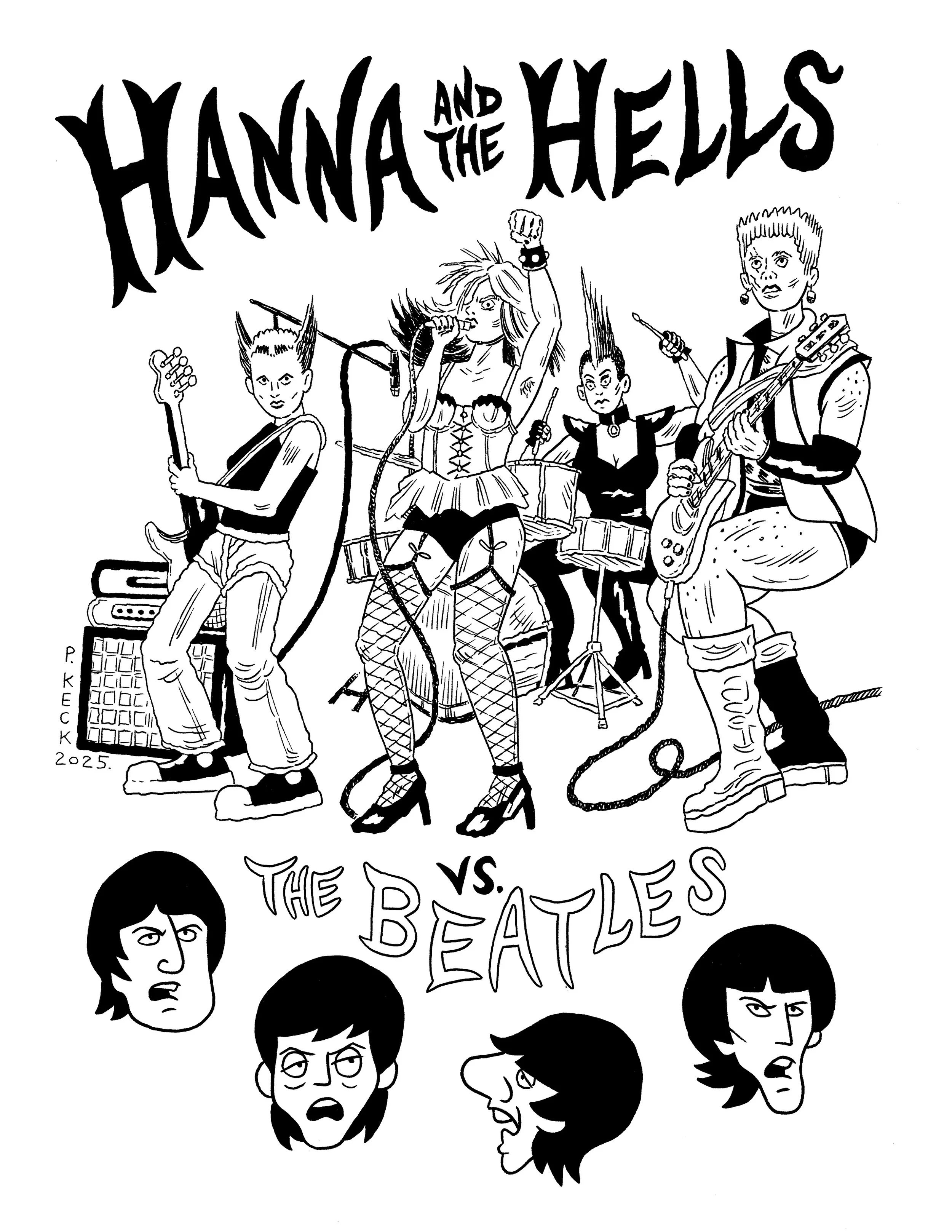 Pin-up drawing for Hanna and the Hells vs. The Beatles, pen and ink