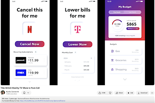 Kurtis Conner YouTube sponsorship showing Rocket Money features for canceling subscriptions, lowering bills, and tracking a monthly budget.