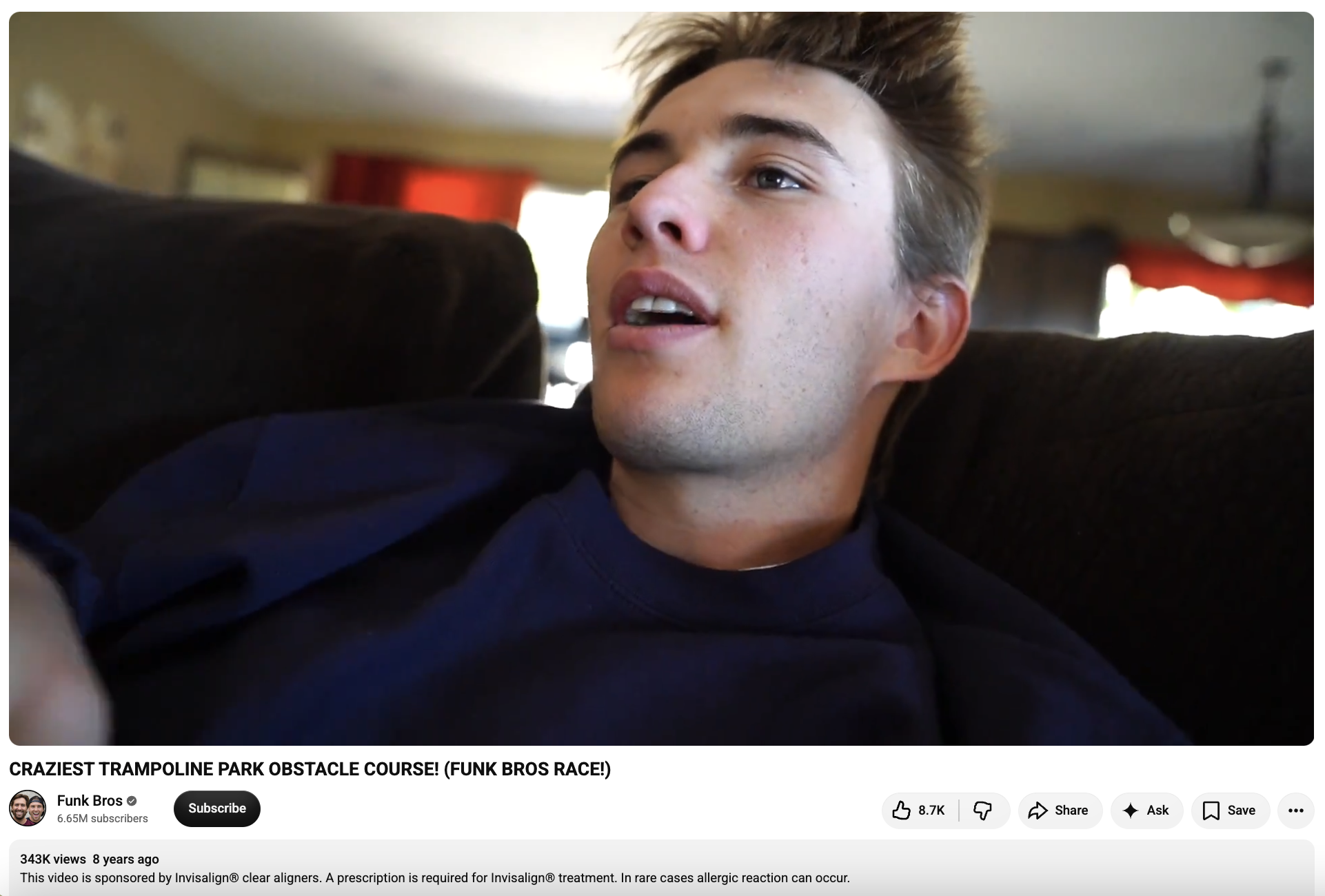 Funk Bros sponsored YouTube video featuring Invisalign as part of a creator marketing campaign