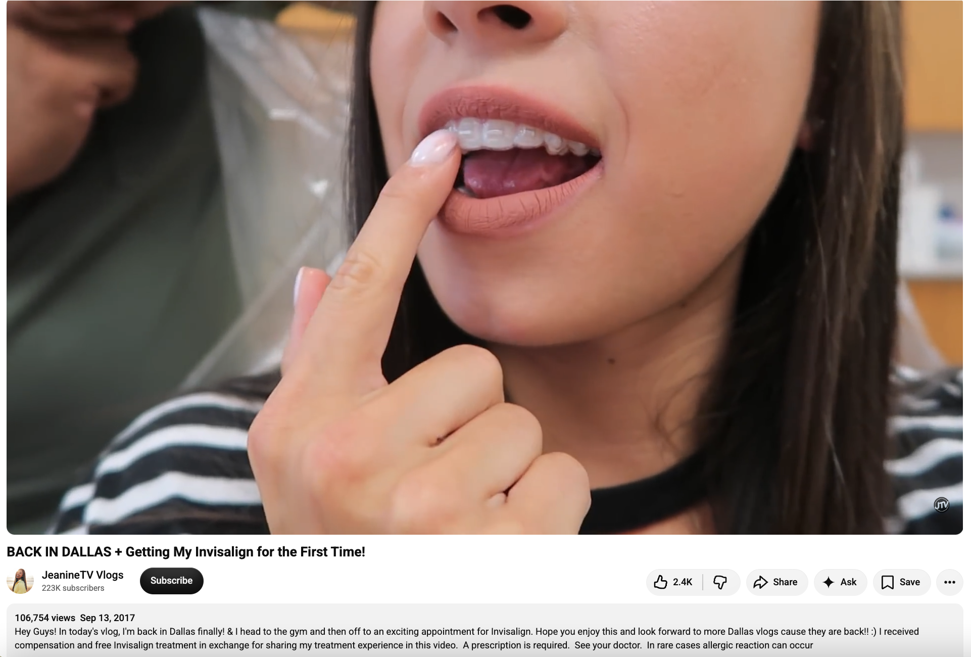 JeanineTV Vlogs documenting her first Invisalign treatment appointment in a sponsored YouTube video