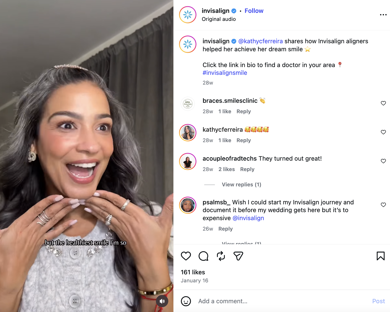 Kathy Ferreira sharing her Invisalign treatment experience and smile in an Invisalign Instagram post
