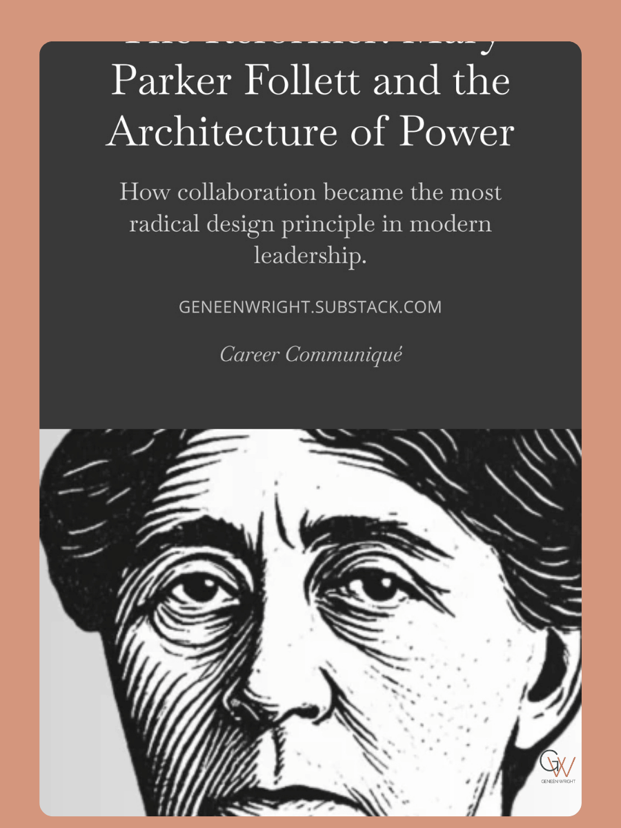 Book cover titled "Parker Follett and the Architecture of Power: How collaboration became the most radical design principle in modern leadership" by Geneen Wright, featuring a black and white illustration of a woman's face and a small logo with the initials G W.