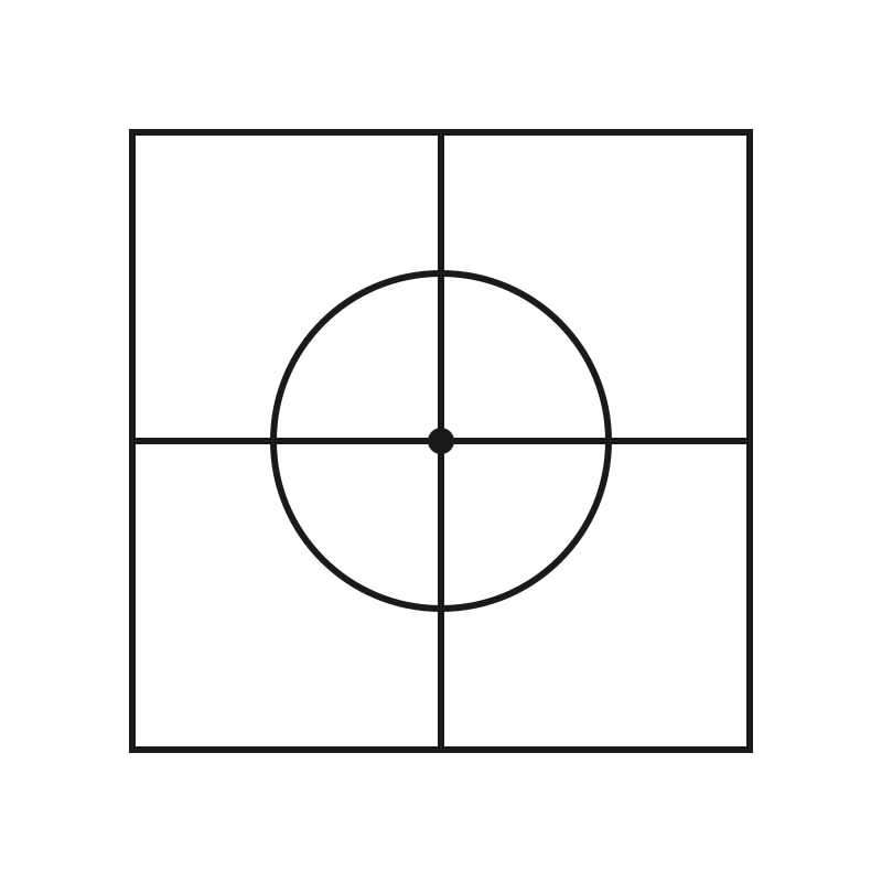 Geometric drawing of an outline square with sections divided by vertical, horizontal, and diagonal lines.