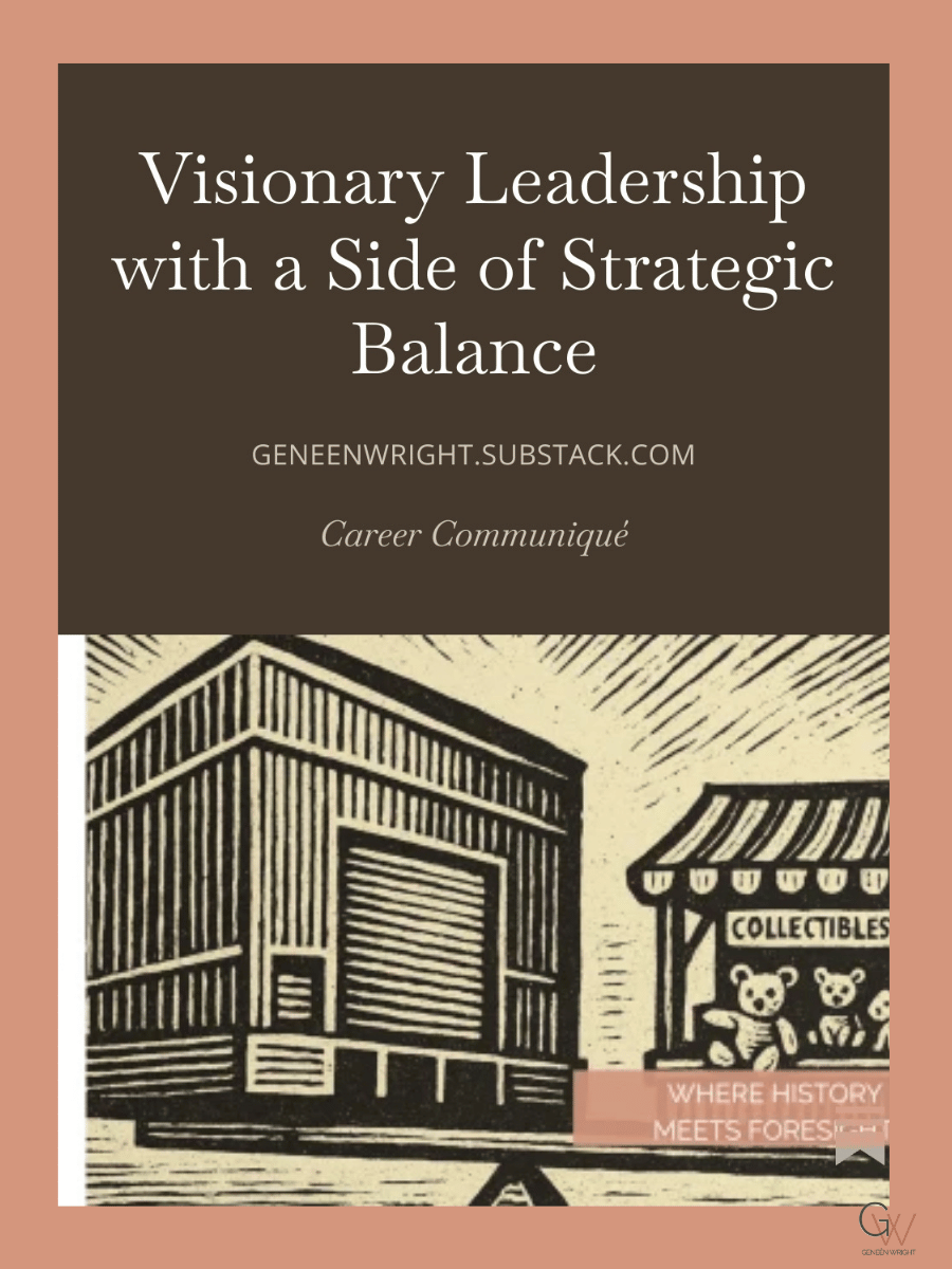 Book cover titled "Visionary Leadership with a Side of Strategic Balance" featuring a black and cream illustration of a building and a collectibles stand with teddy bears, on a pink background.