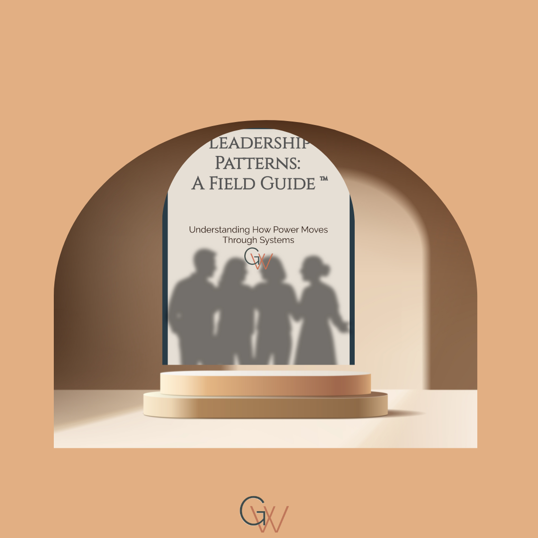 Book titled 'Leadership Patterns: A Field Guide' displayed on a podium with shadowed silhouettes of four people in the background.