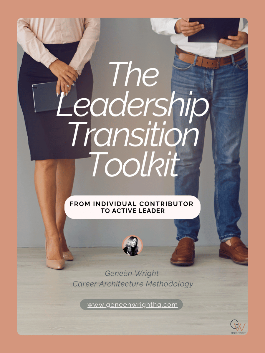 Cover image of a leadership transition toolkit with two people in business attire, one woman and one man, standing against a plain background. The title reads 'The Leadership Transition Toolkit' with a subtitle 'From Individual Contributor to Active Leader' and a website URL at the bottom.