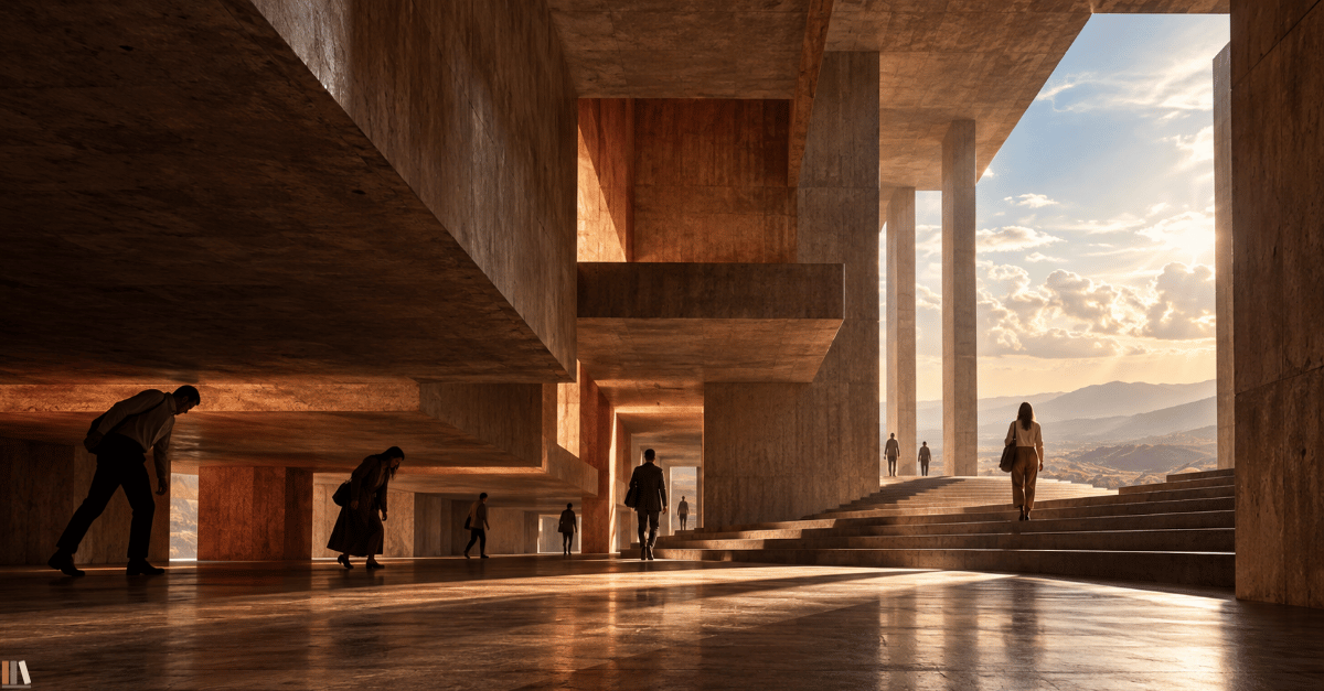 People stoop as they walk beneath low concrete overhangs in a dim, warm-lit hall, while others climb broad steps toward an opening where tall columns frame a bright sky and distant mountains.
