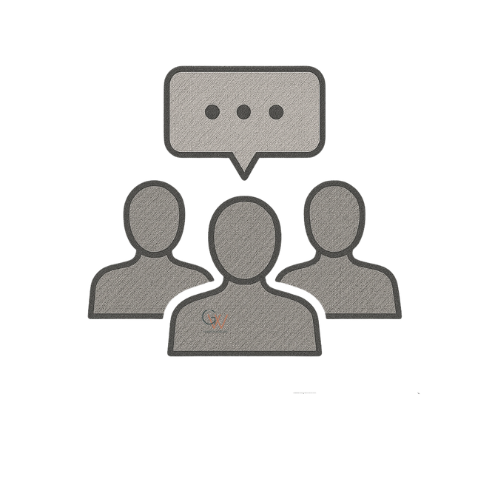 Icon of three people with a speech bubble above the middle person.