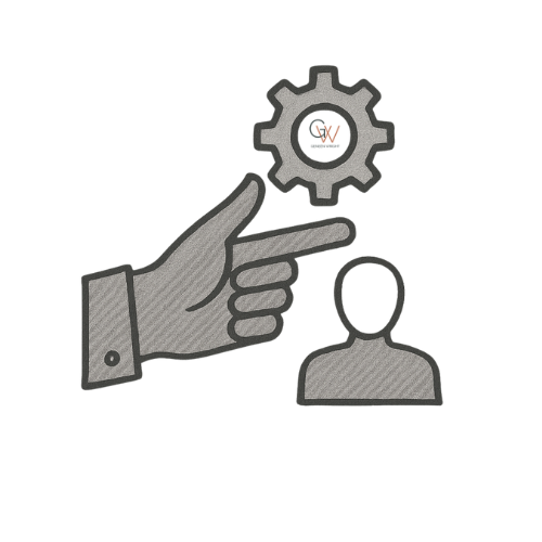 Graphic of a hand pointing to a gear with a person icon underneath it, symbolizing settings, customization, or user management.