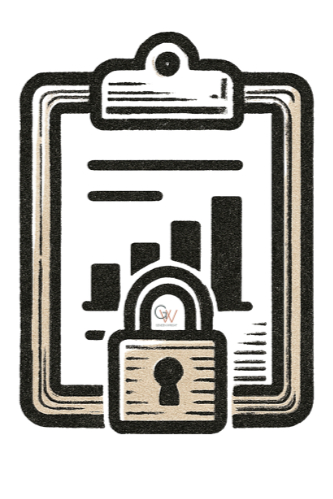 Illustration of a clipboard with a lock symbol at the bottom, and a bar graph in the background.