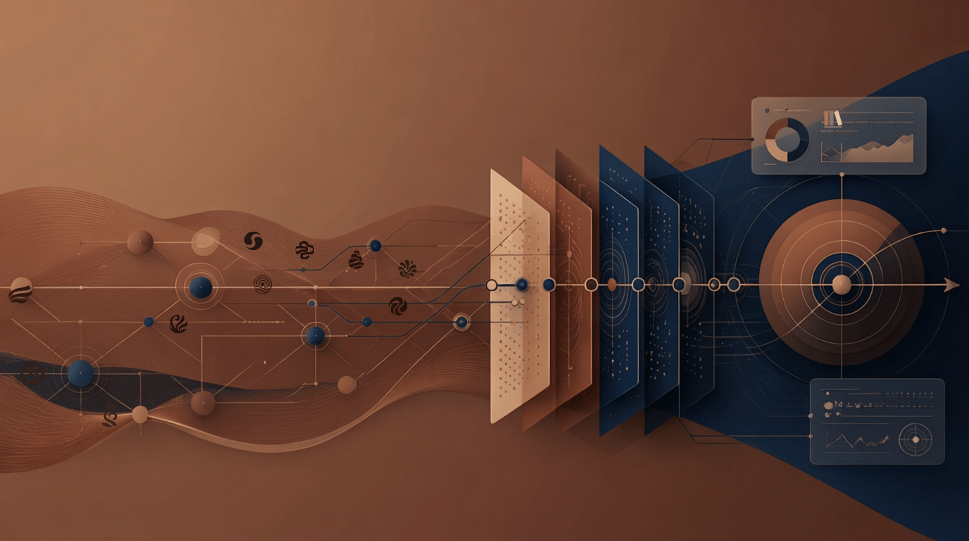 Abstract digital illustration of data flow and analysis with layered screens, graphs, and data points in shades of brown and blue.