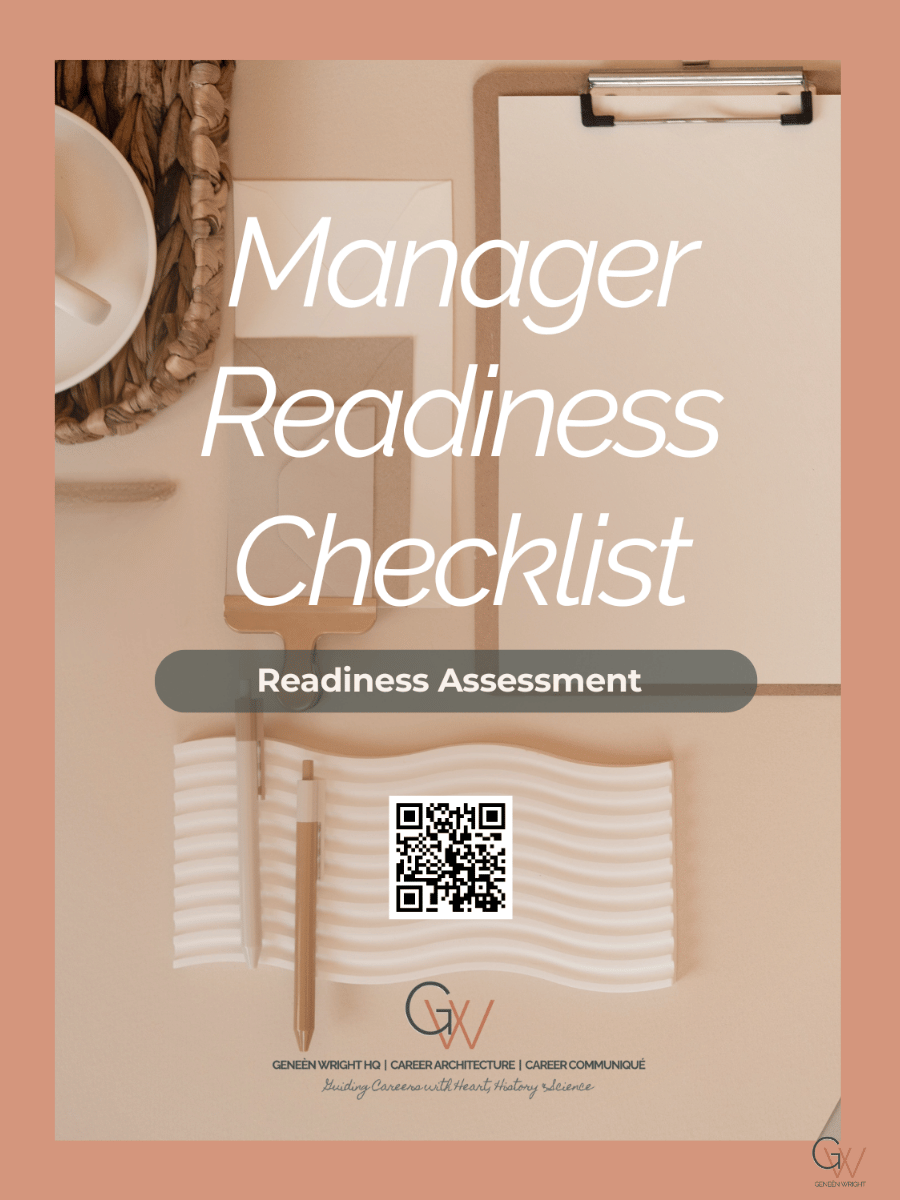 A workspace with a clipboard, a notepad, a pen, a mug, and a woven coaster on a desk. Text overlay reads 'Manager Readiness Checklist' and 'Readiness Assessment' with a QR code. At the bottom, there is a logo and additional text about Geneen Wright.
