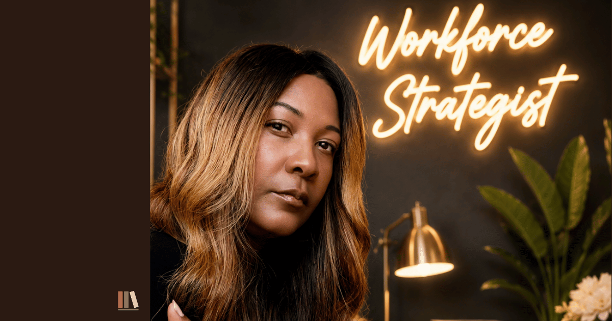 A woman with light brown hair and a serious expression sitting in front of a dark background with neon sign reading 'Workforce Strategist', a gold desk lamp, and green potted plants.