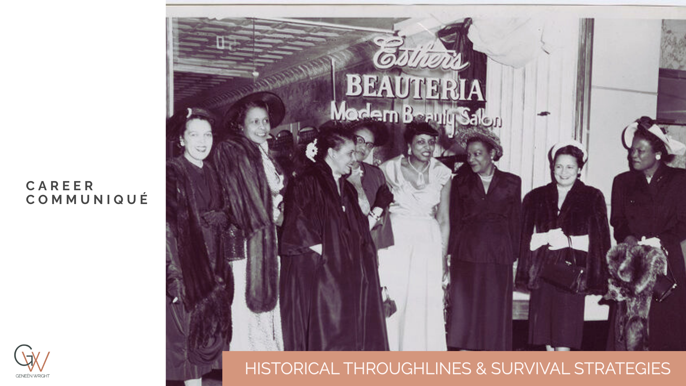 Black and white photo of eight women standing together in front of a sign that reads "Esther's Beauteria Modern Beauty Salon." The women are dressed in vintage attire, some wearing hats and jackets, and are smiling and engaged with each other.