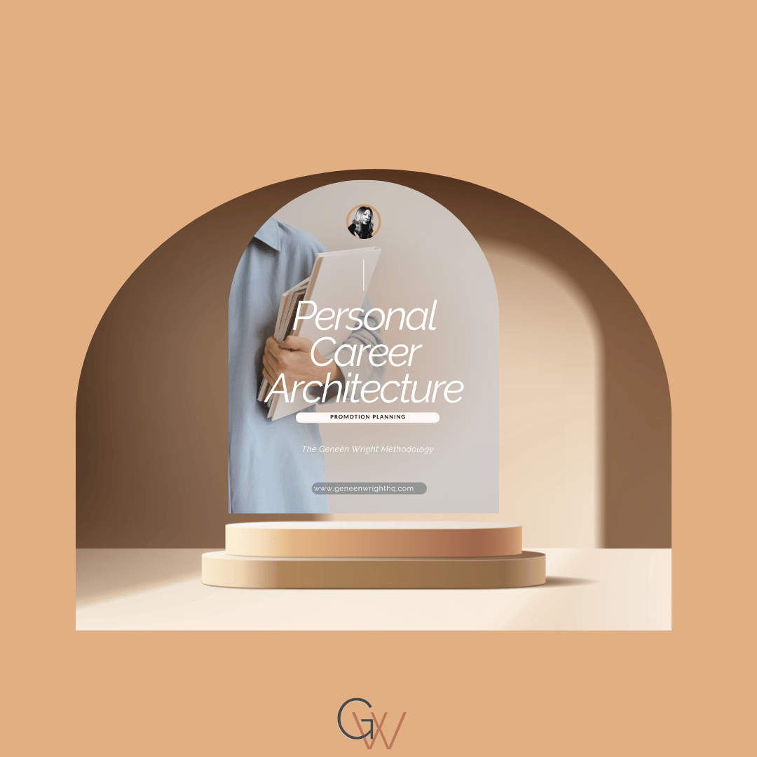 Promotion Planning Playbook by Geneèn Wright displayed on a pedestal, a career architecture workbook designed to help professionals plan and advocate for promotions