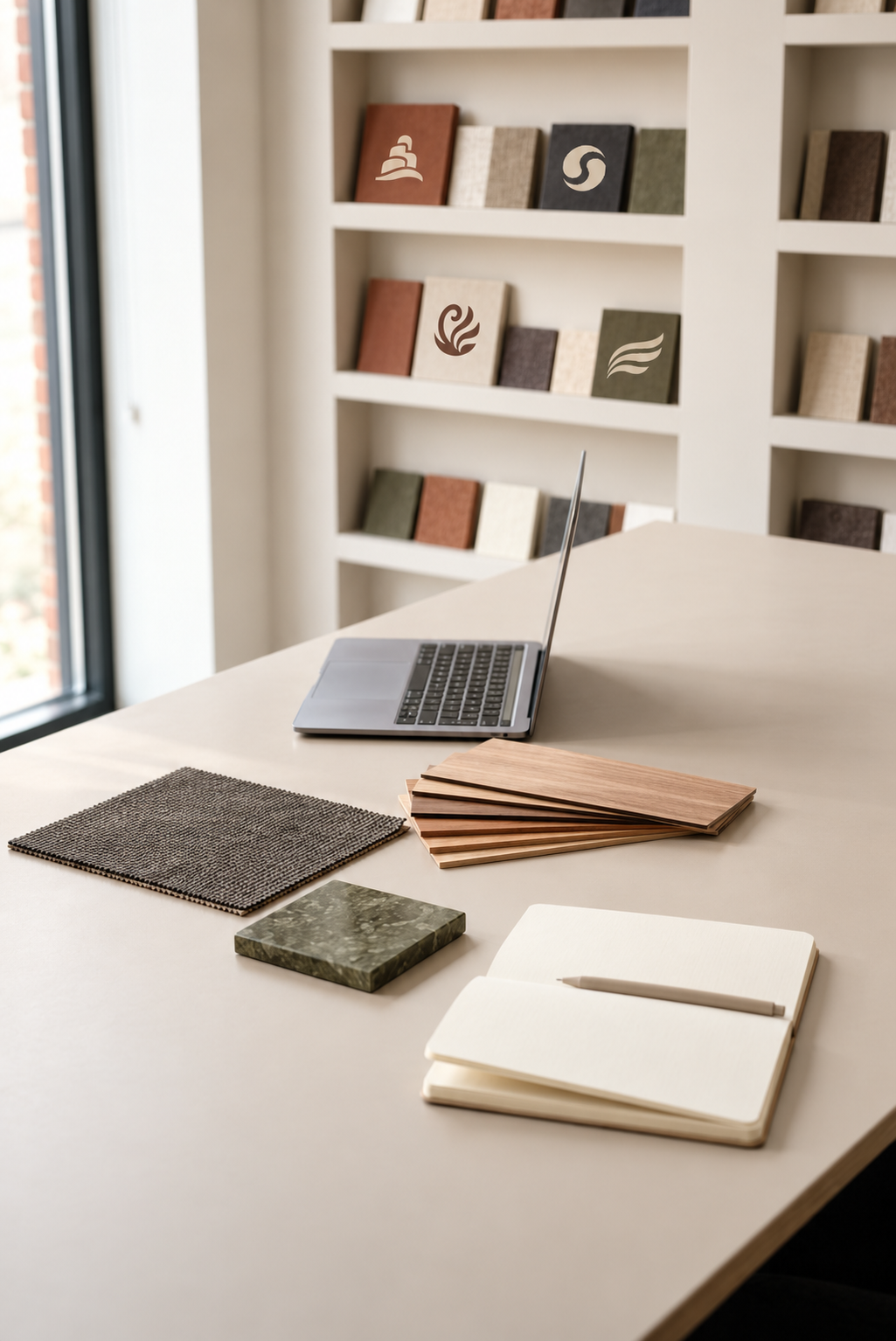 A modern office workspace with a laptop, sample material swatches, a notebook, and a pen on a light-colored desk. In the background, there is a white bookshelf with various colored fabric or paper samples.