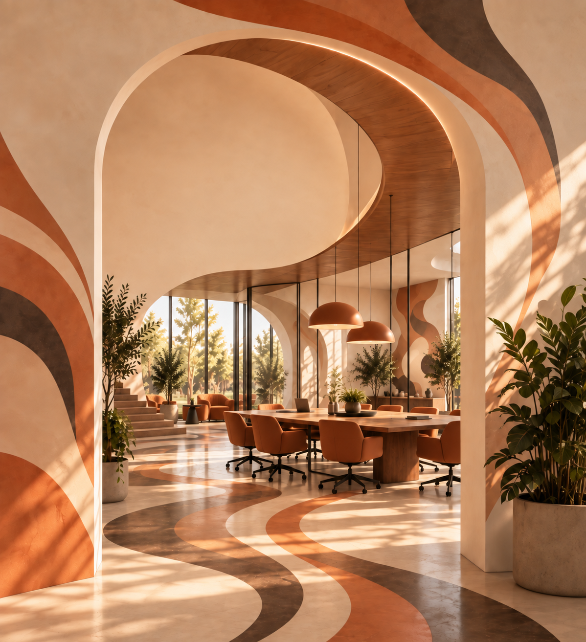 Modern office interior with a large wooden conference table, orange chairs, hanging pendant lights, and potted plants, featuring a warm color palette with curved architectural details and floor-to-ceiling windows showing trees outside.