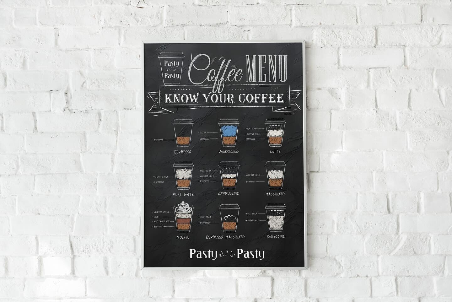 Pasty Pasty Coffee Menu Poster!

Our design process was centered on clarity and brand consistency. We employed a clean, structured layout that allowed for easy navigation of coffee options. The takeaway cup graphics served a dual purpose&mdash;resona