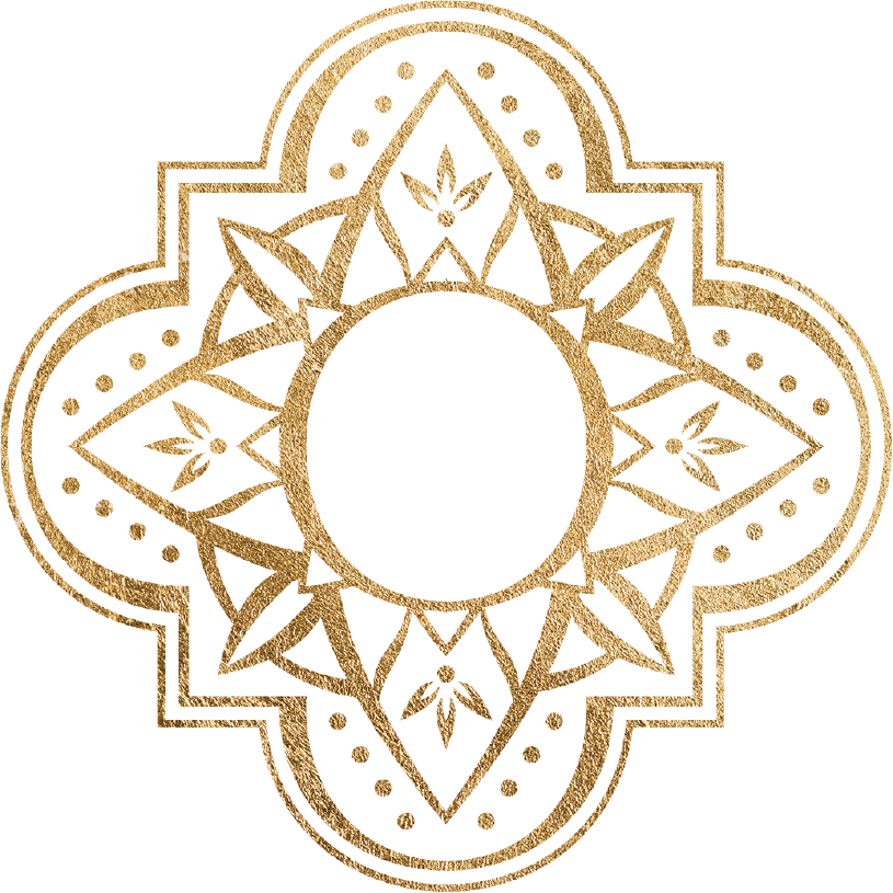 Gold and black ornate geometric pattern with a central black circle containing a white letter 'S'.