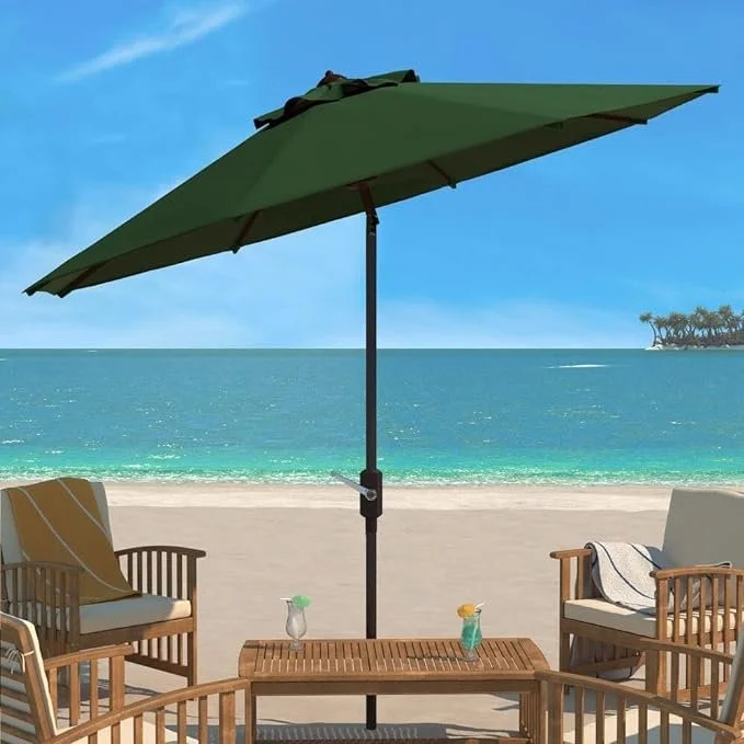 destination summer 9-foot round solar aluminum patio umbrella in chino Sun-Ray 9 ft. Round Solar Lighted Market Patio Umbrella in Taupe