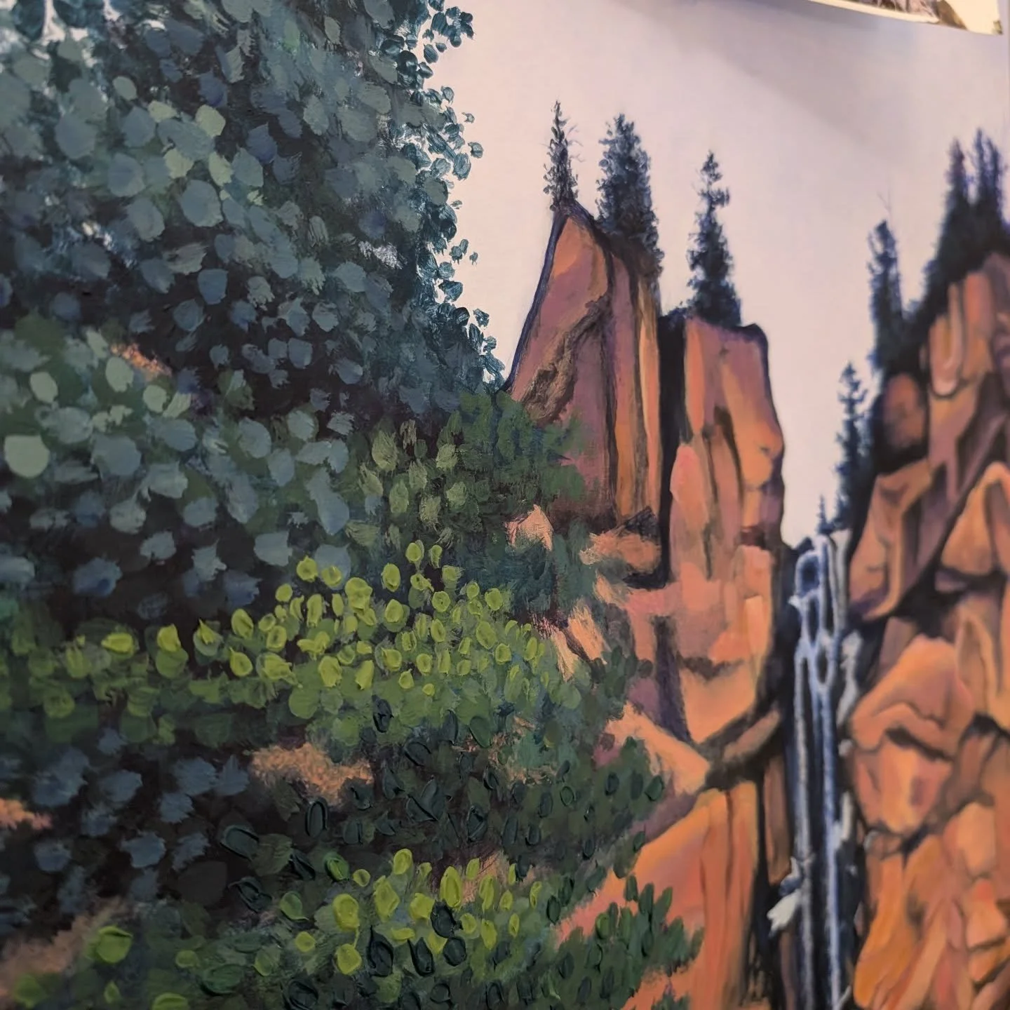 Almost there. . . 🎨🖌️ Soon I'll be done with my first waterfall painting! I've been using a lot of yellows, oranges and reds lately which has been a whole new challenge for me! I'm finding I like using ultramarine blue and magenta to create my shad