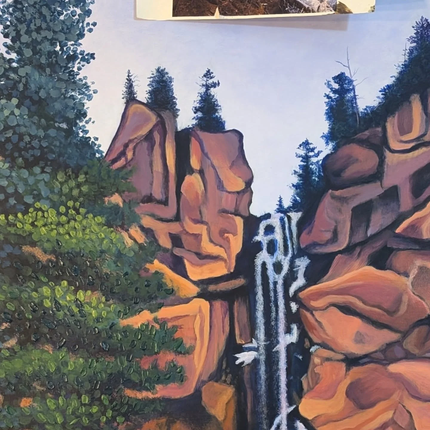 A close up of Treasure Falls! I've been looking at a lot of Georgia O'Keeffe paintings lately and I'm just noticing this painting, specifically the blending, has been influenced by her works 🖌️🎨 funny how that works! 

This is gonna be one of those