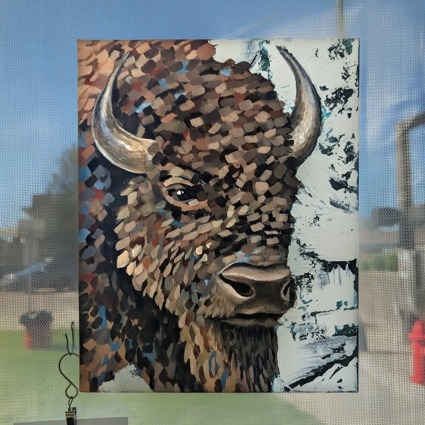 My Winter Bison Painting! 11x14&quot; on handmade canvas. This painting is a second addition of an original made for DAVA's Holiday show around this time last year. All my painted canvases are made from scratch, starting with assembling the stretcher