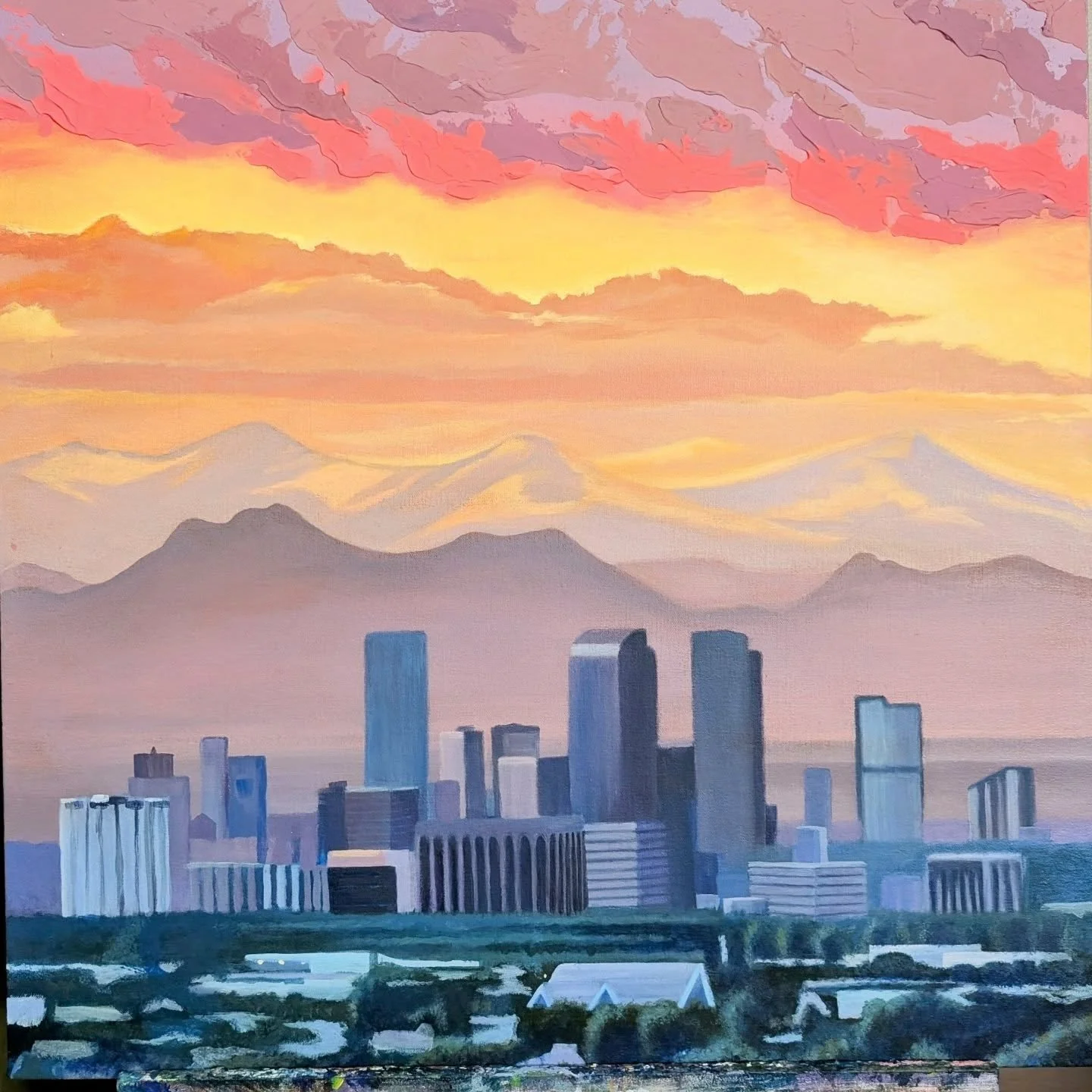 Can you recognize the city? 🌇 I'm not quite finished but I feel like it's getting a lot closer! This is my second painting of this same city, this time at sunset with more colors and more texture! Hopefully I'll get to share the finished product soo
