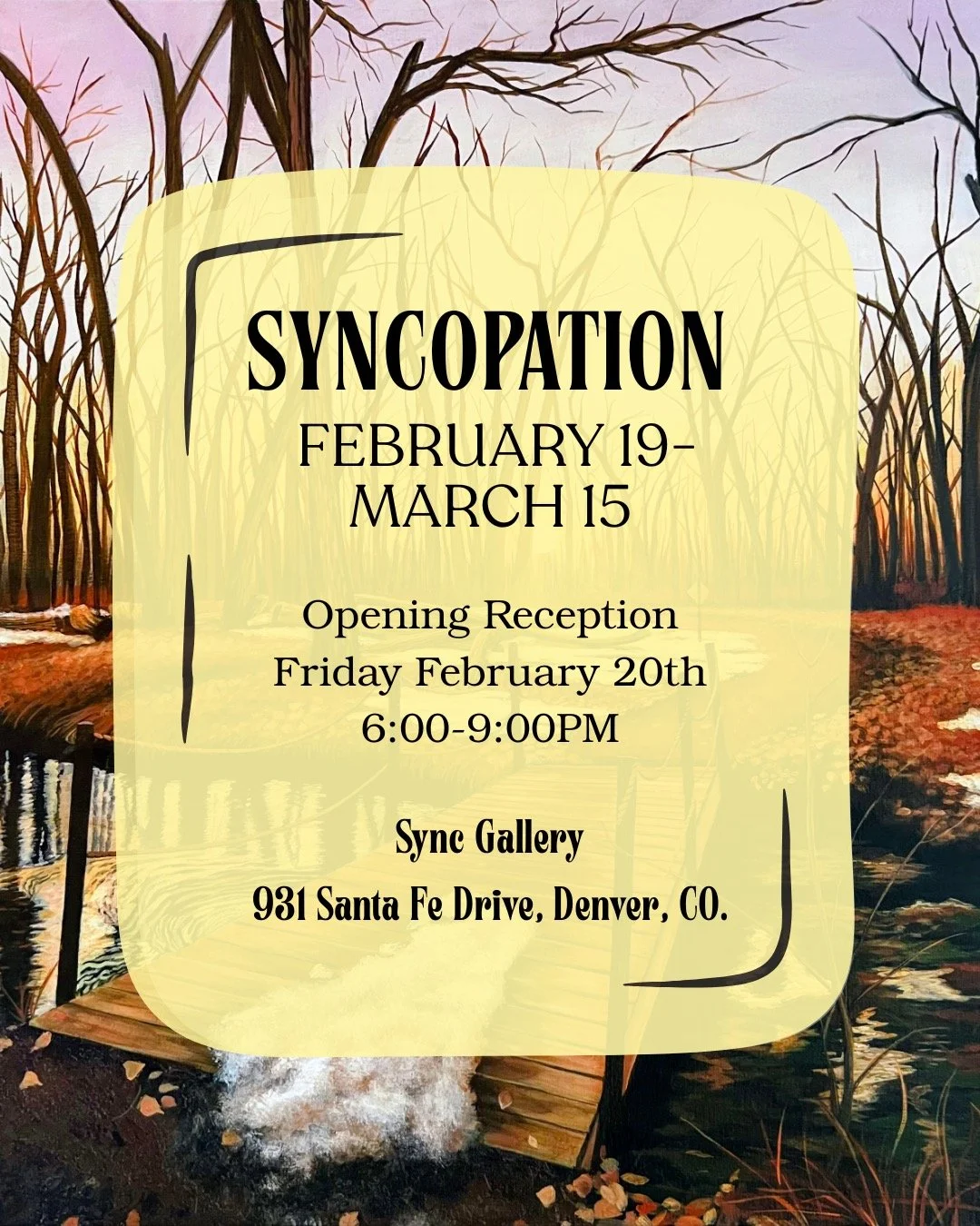 Excited to be part of Sync Gallery&rsquo;s 2026 contributing artist program! Visit me on February 20th for the Syncopation opening show. My painting, Golden Hr. at Shop Creek, will be displayed from February 19th to March 15th. Hope to see you there!