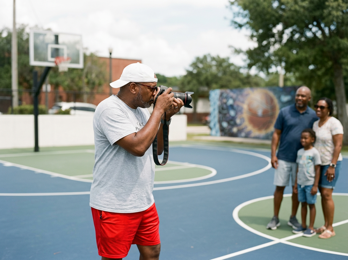 Man taking a family photo on an outdoor basketball court with a textured mural in the background.