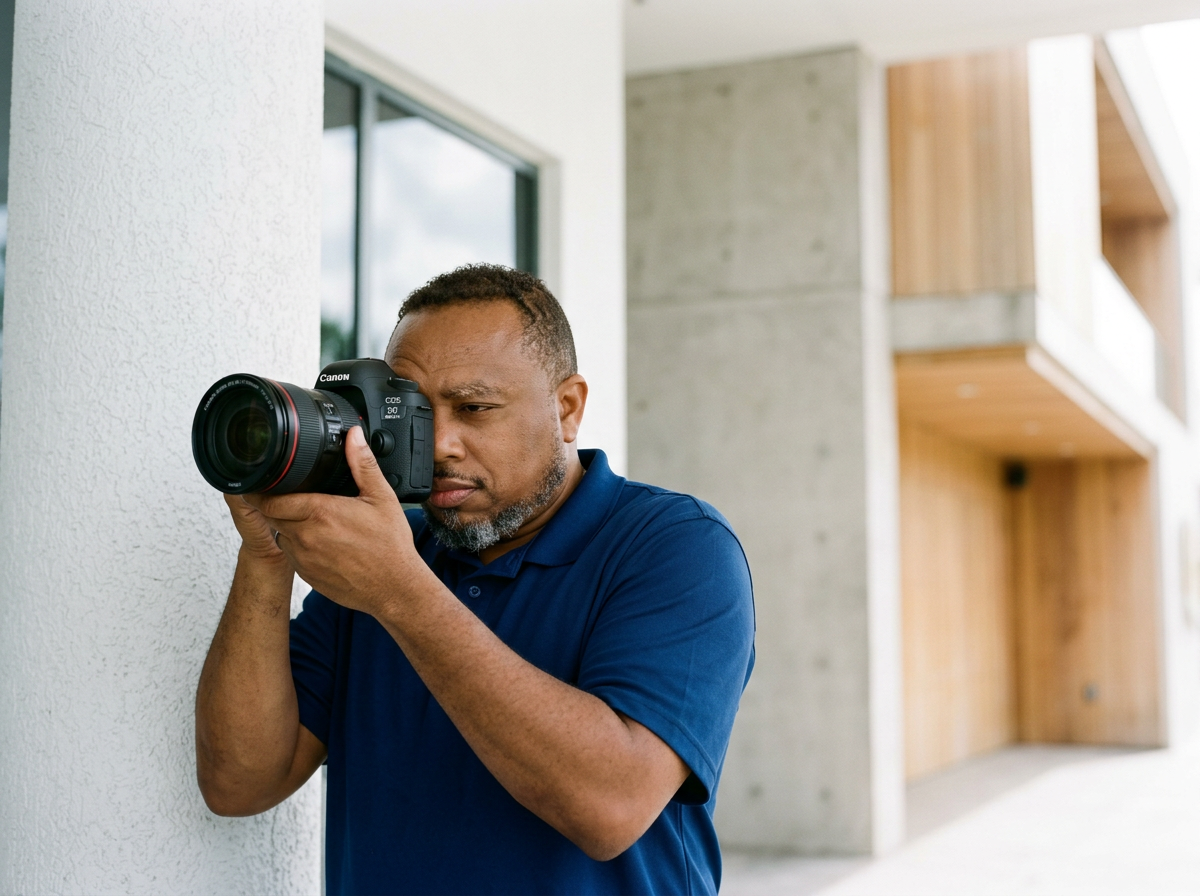 Man in blue shirt taking a photo with a professional camera outdoors near a white wall with a building and wooden balconies in the background.