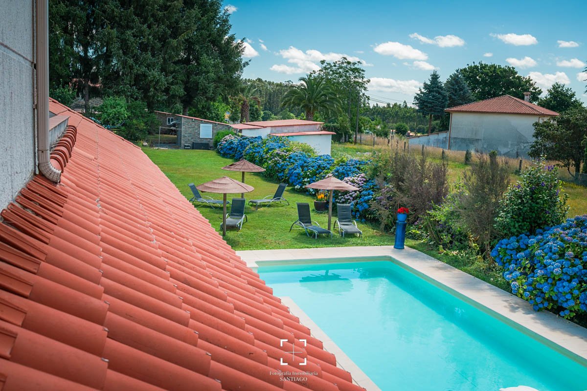 Vista de un patio con piscina, áreas de descanso con sombrillas, césped, árboles y arbustos con flores azules, y casas de fondo bajo un cielo despejado.