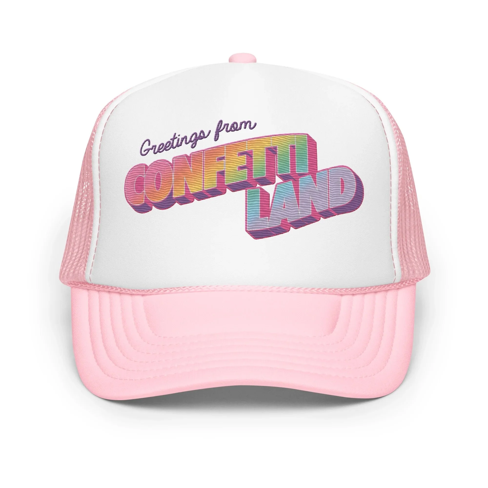 Pink and white trucker hat with rainbow-colored text that reads "Greetings from Confetti Land".