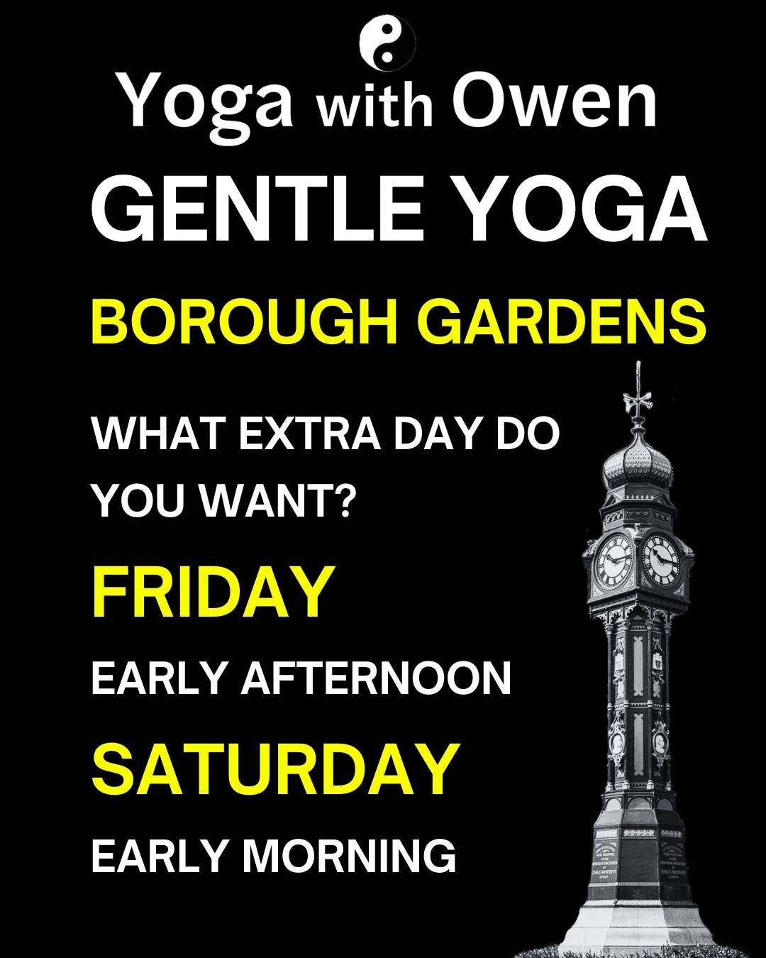 After the success of my Beginner Friendly Monday 17:30 - 18:30 Evening Classes in Dorchester's beautiful Borough Gardens, I want to add an extra class here to my weekly schedule. 

Before I commit to a weekly date, I want to check what do you want fr