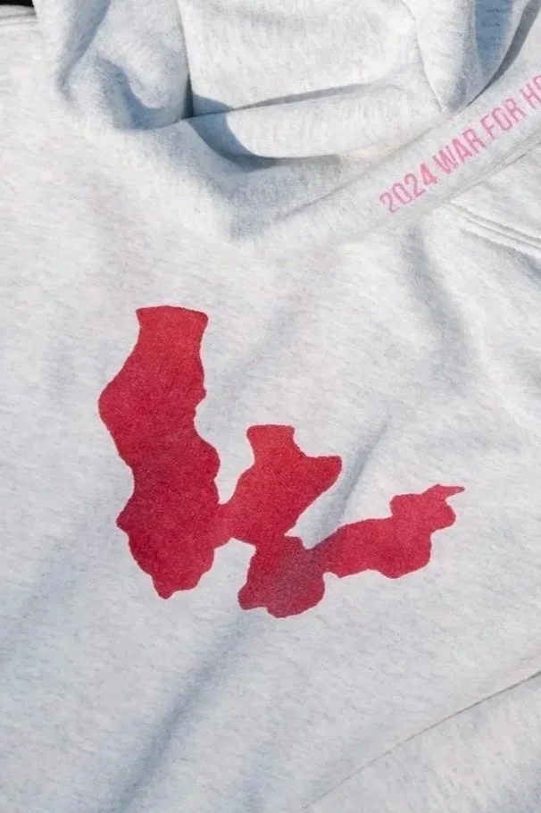 A light gray T-shirt with a red silhouette of the state of Illinois and the words "2024 WAR FOR HD" printed in pink on the right shoulder area. The shirt is lying on green grass.